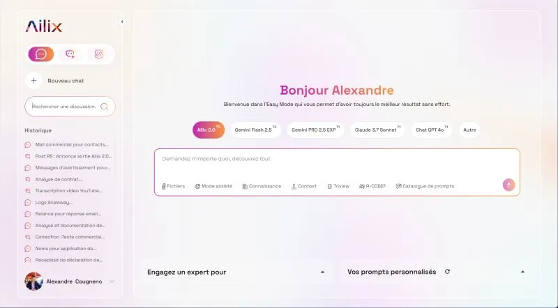 Capture de juin 2025 : espace de conversation Ailix avec la sélection des modèles et l’historique des échanges.